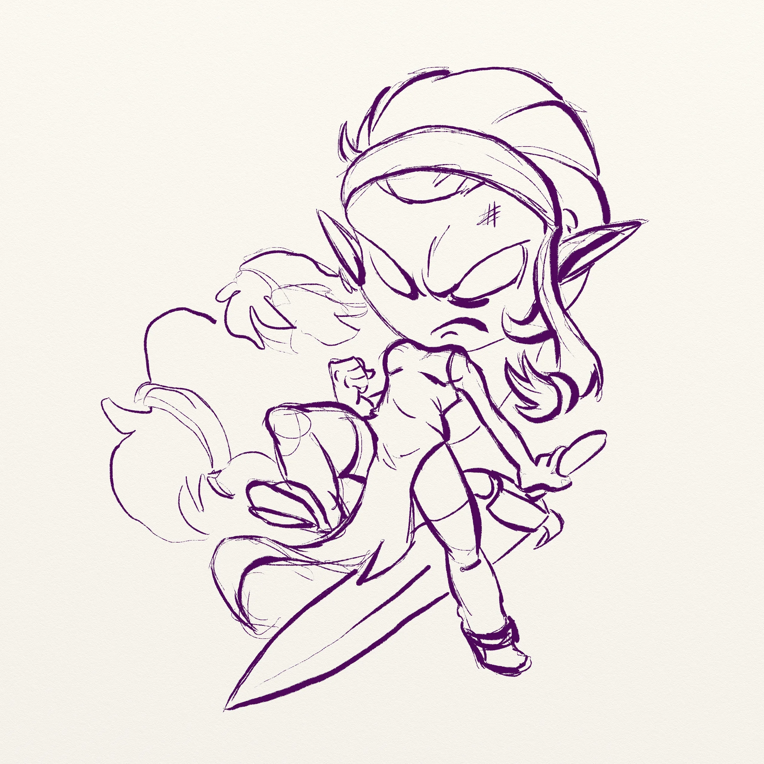 Sketch of a female game character with an oversized sword