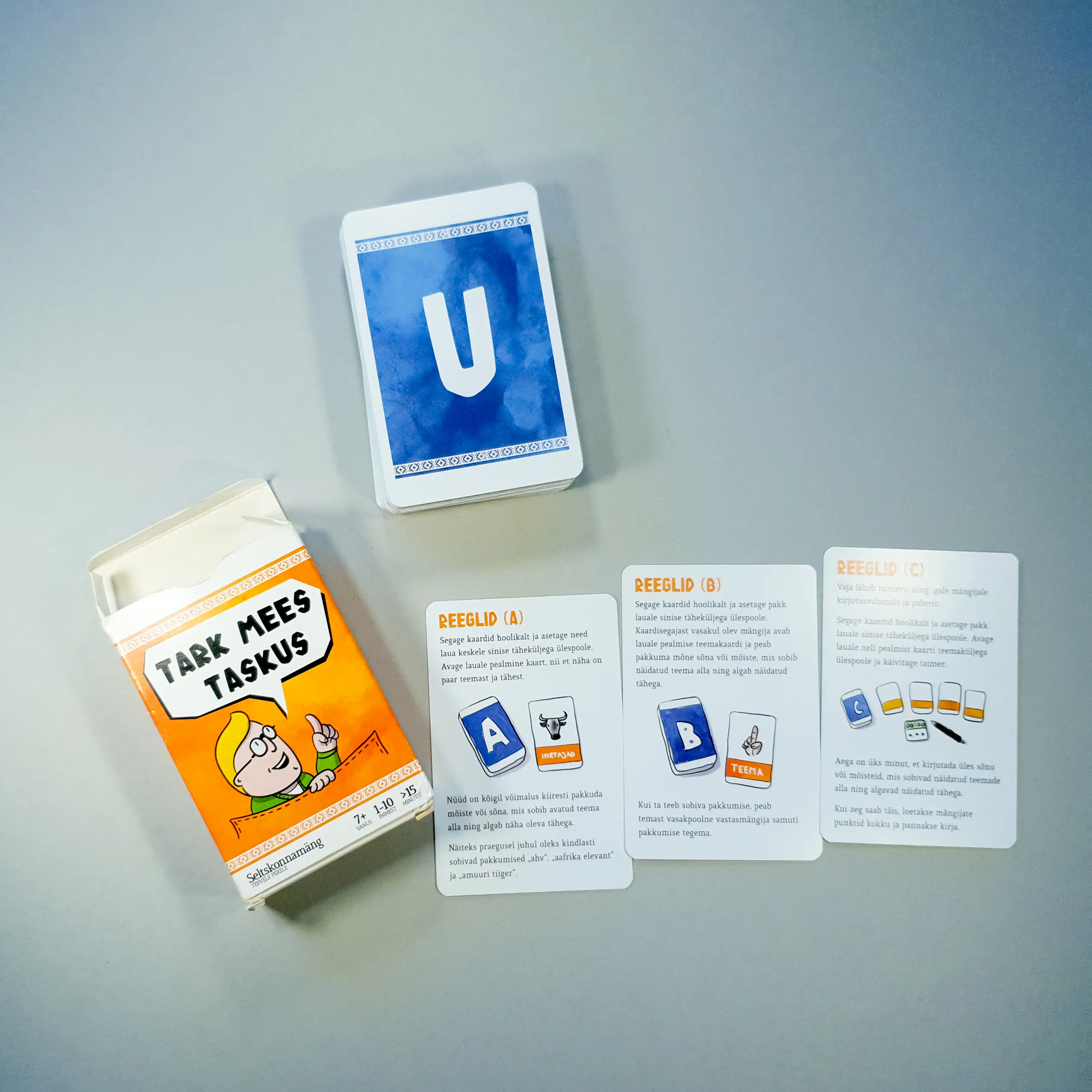 Rules cards next to box and deck