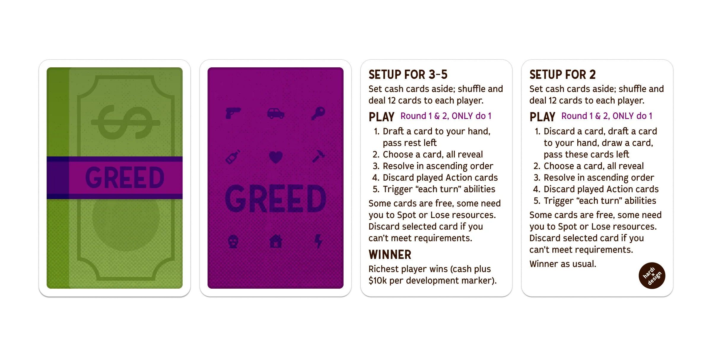Rules reference cards for 2 players and 3-5 players, with setup and numbered turn sequences