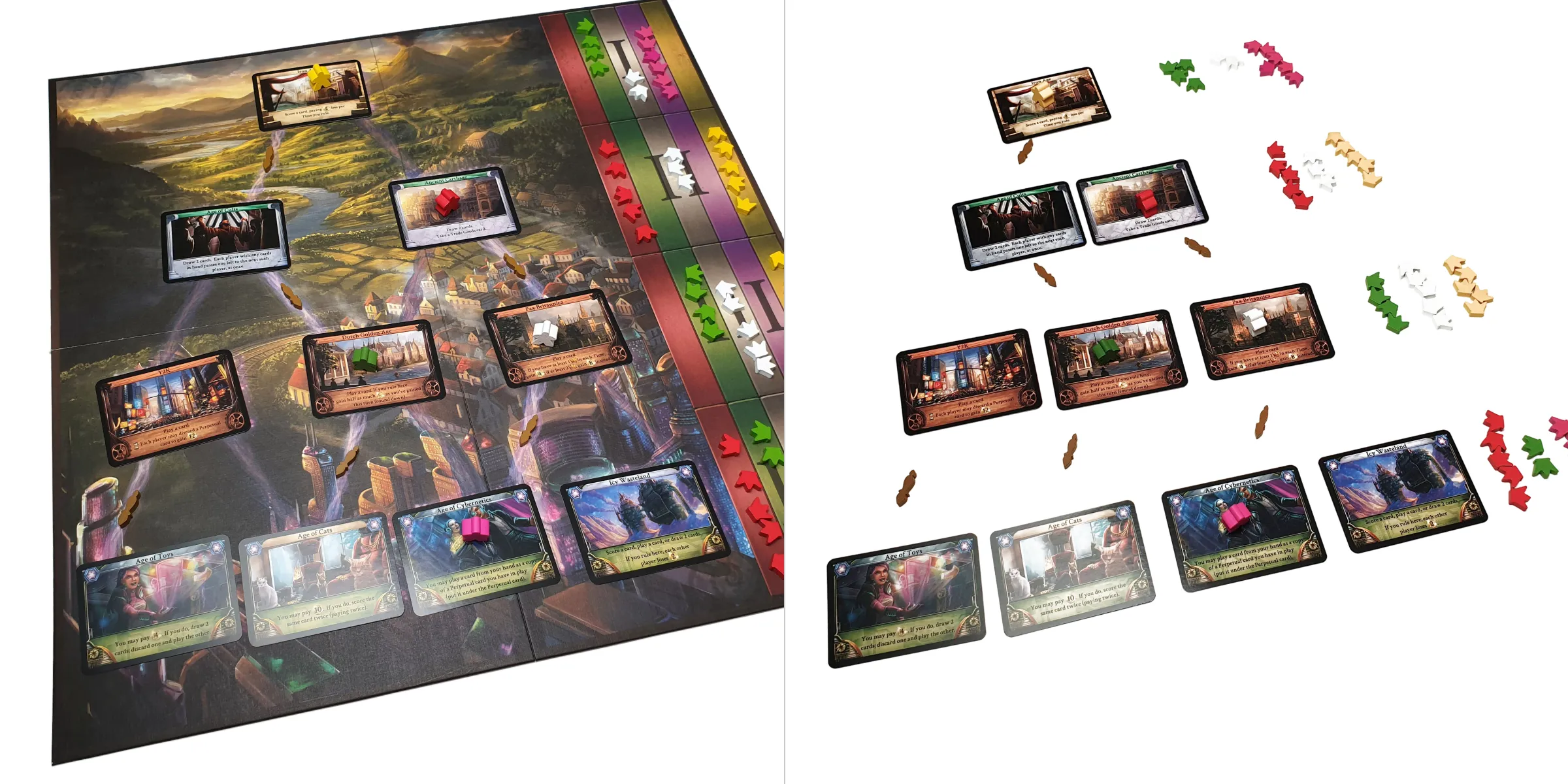 The same game setup with the board on the left and without it on the right. The board-free version keeps the card pyramid and path markers, with crowns grouped beside each row.