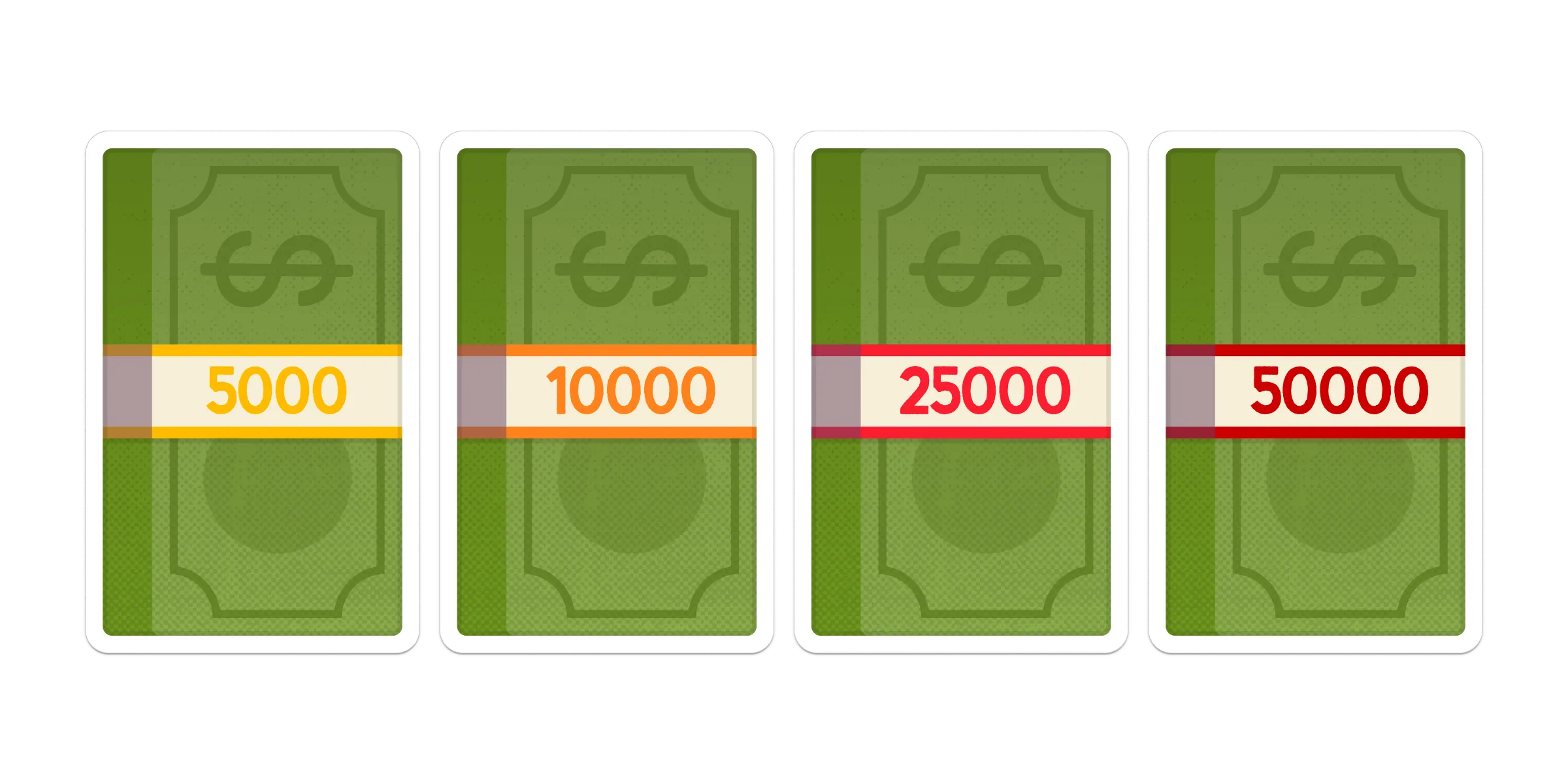 Cash cards showing the 5000, 10000, 25000, and 50000 denominations