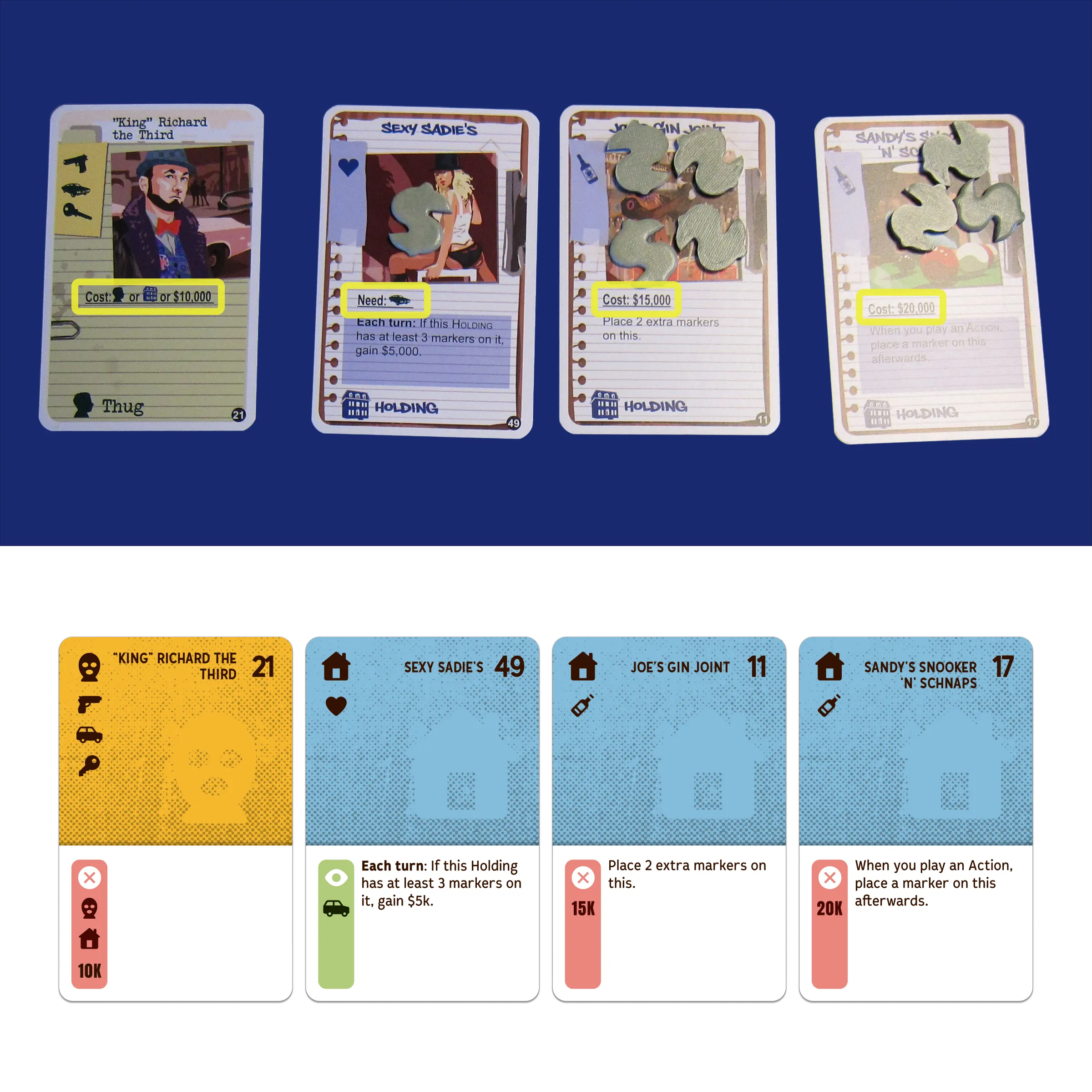 Original Greed cards above their redesigned equivalents, comparing written Cost and Need lines with red cost bars and green requirement bars