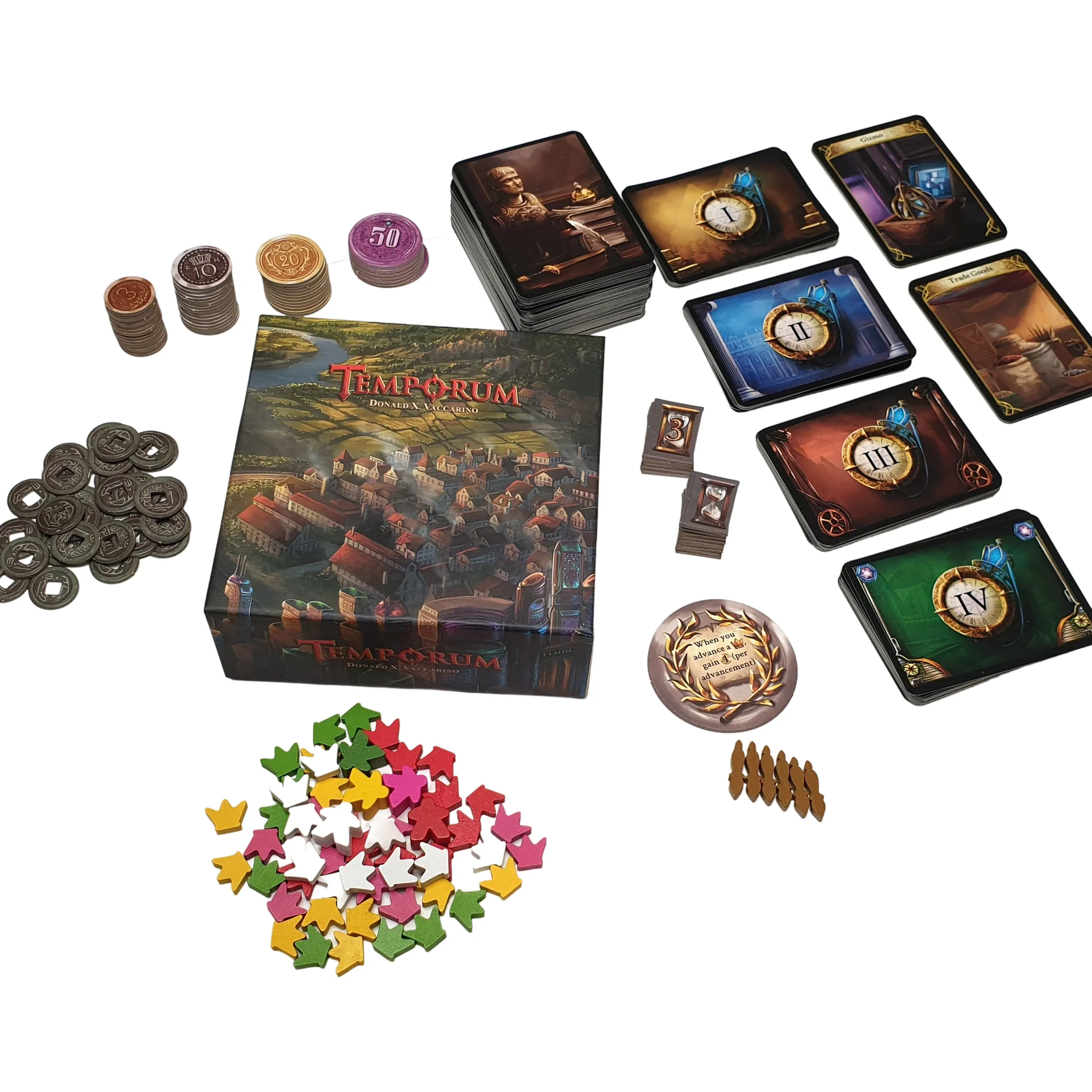 All the components of Temporum and its expansion Alternate Realities: 232 cards, handful of coin tokens, some misc tokens, 1 meeple and 10 crowns for each of the 5 players, 6 timeline arrows