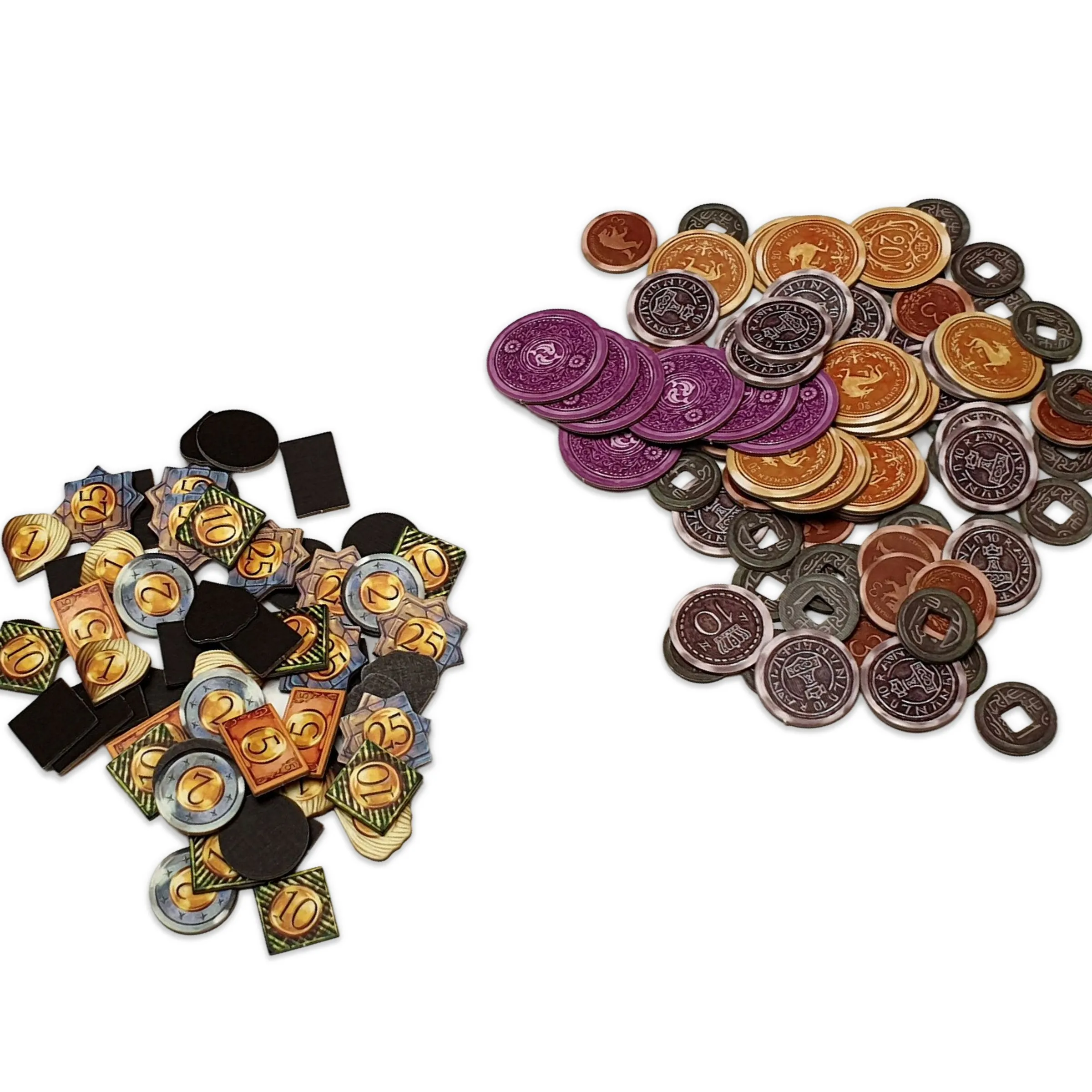 Original Temporum money tokens on the left, several showing blank backs, and replacement Scythe coins on the right, showing designs on both sides.