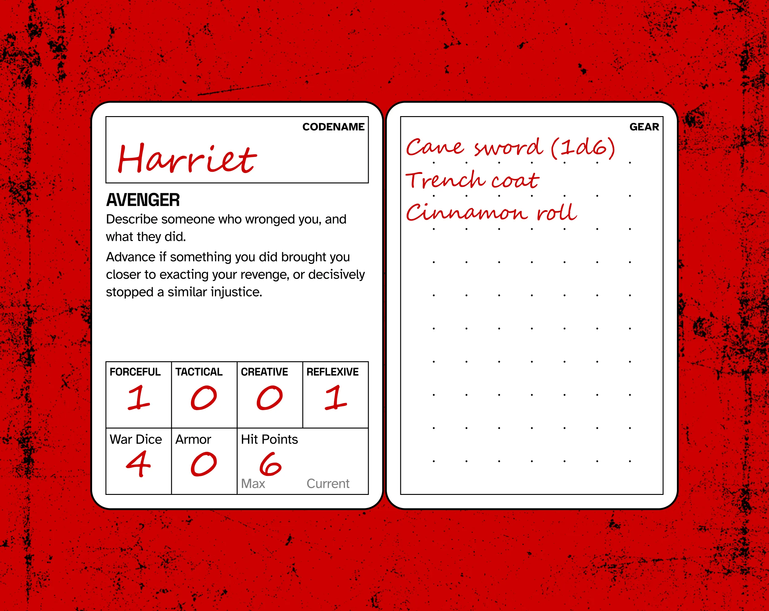 Character and inventory cards, both pretty sparse